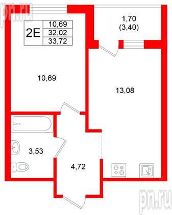 Квартира в ЖК Стороны Света 2, 1 комнатная, 33.72 м², 20 этаж