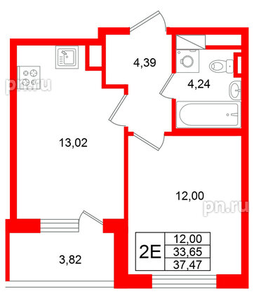 Квартира в ЖК Югтаун, 1 комнатная, 37.47 м², 5 этаж