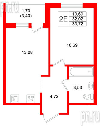 Квартира в ЖК Стороны Света 2, 1 комнатная, 33.72 м², 18 этаж