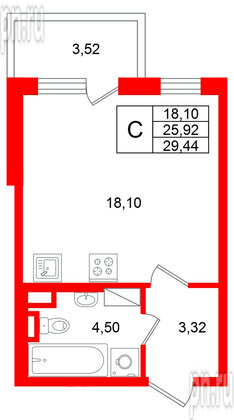 Квартира в ЖК Югтаун, студия, 29.44 м², 4 этаж