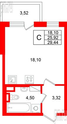 Квартира в ЖК «Югтаун», студия, 29.44 м², 5 этаж