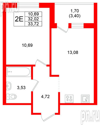 Квартира в ЖК Стороны Света 2, 1 комнатная, 33.72 м², 17 этаж