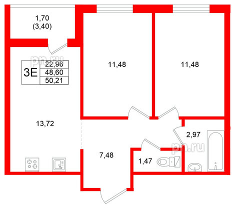 Квартира в ЖК Стороны Света 2, 2 комнатная, 50.21 м², 16 этаж