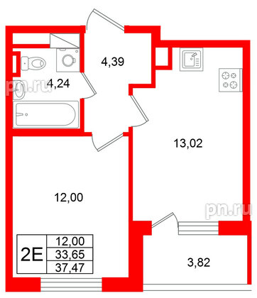 Квартира в ЖК Югтаун, 1 комнатная, 37.47 м², 4 этаж