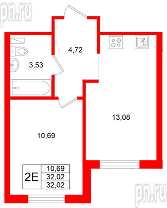 Квартира в ЖК Стороны Света 2, 1 комнатная, 32.02 м², 1 этаж
