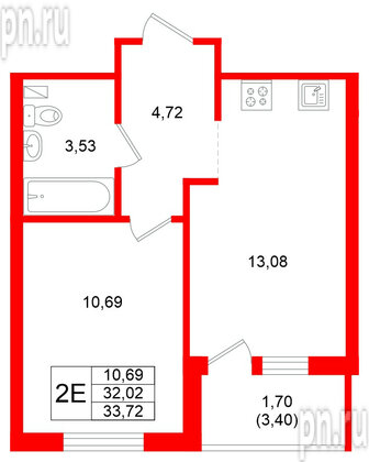 Квартира в ЖК Стороны Света 2, 1 комнатная, 33.72 м², 12 этаж