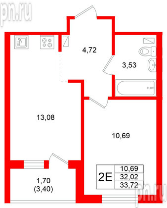 Квартира в ЖК Стороны Света 2, 1 комнатная, 33.72 м², 8 этаж