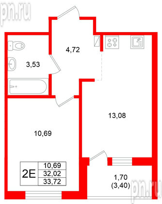 Квартира в ЖК Стороны Света 2, 1 комнатная, 33.72 м², 7 этаж