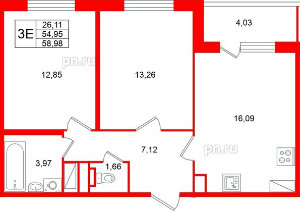 Квартира в ЖК «Югтаун», 2 комнатная, 58.98 м², 2 этаж