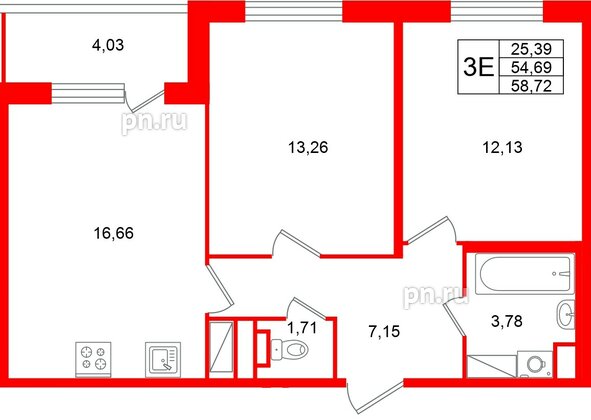 Квартира в ЖК «Югтаун», 2 комнатная, 58.72 м², 3 этаж