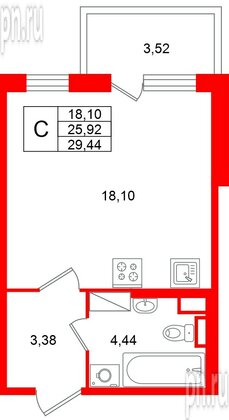 Квартира в ЖК «Югтаун», студия, 29.44 м², 3 этаж