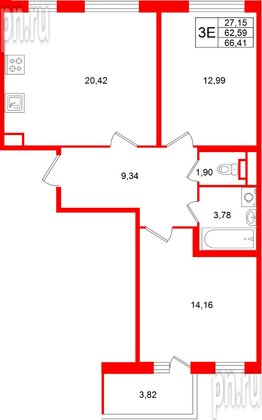 Квартира в ЖК «Югтаун», 2 комнатная, 66.41 м², 1 этаж