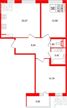 Квартира в ЖК «Югтаун», 2 комнатная, 65.7 м², 2 этаж