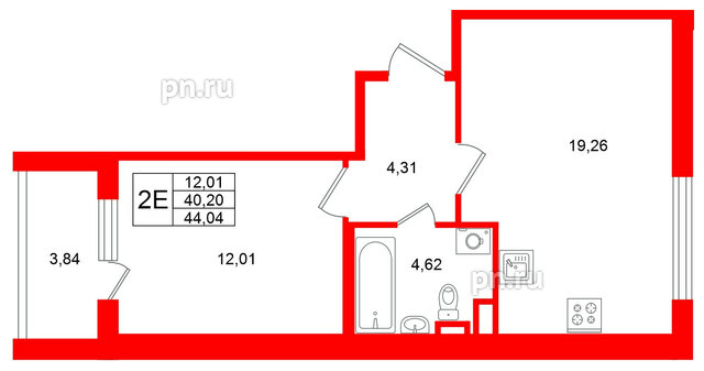 Квартира в ЖК Югтаун, 1 комнатная, 44.04 м², 2 этаж