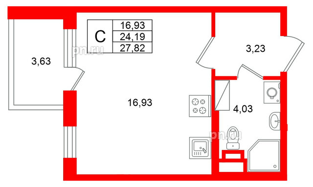 Квартира в ЖК Югтаун, студия, 27.82 м², 3 этаж