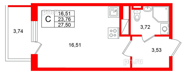 Квартира в ЖК Югтаун, студия, 27.5 м², 4 этаж