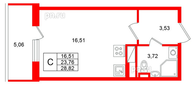 Квартира в ЖК Югтаун, студия, 28.82 м², 5 этаж