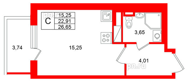 Квартира в ЖК Югтаун, студия, 26.65 м², 3 этаж