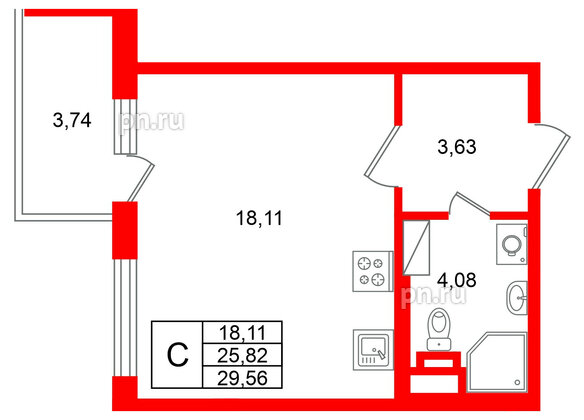Квартира в ЖК Югтаун, студия, 29.56 м², 3 этаж