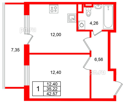 Квартира в ЖК Югтаун, 1 комнатная, 42.57 м², 2 этаж