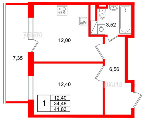 Квартира в ЖК Югтаун, 1 комнатная, 41.83 м², 4 этаж