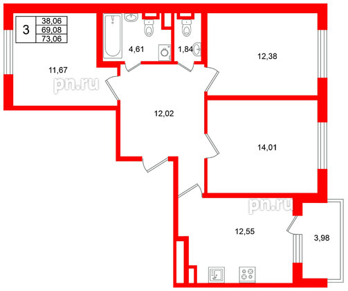Квартира в ЖК Югтаун, 3 комнатная, 73.06 м², 2 этаж