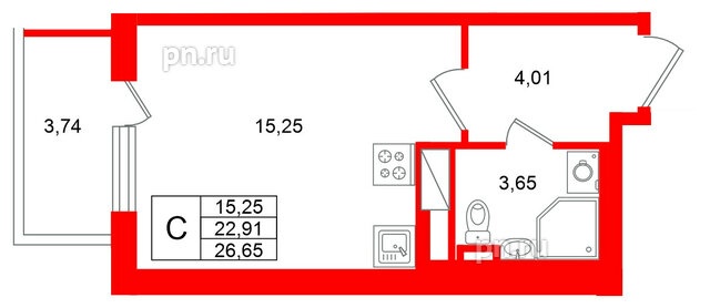 Квартира в ЖК Югтаун, студия, 26.65 м², 5 этаж