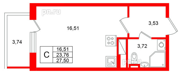 Квартира в ЖК Югтаун, студия, 27.5 м², 5 этаж