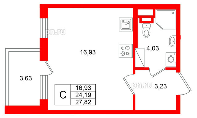 Квартира в ЖК Югтаун, студия, 27.82 м², 3 этаж