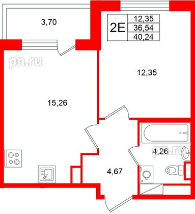Квартира в ЖК «Югтаун», 1 комнатная, 40.24 м², 5 этаж