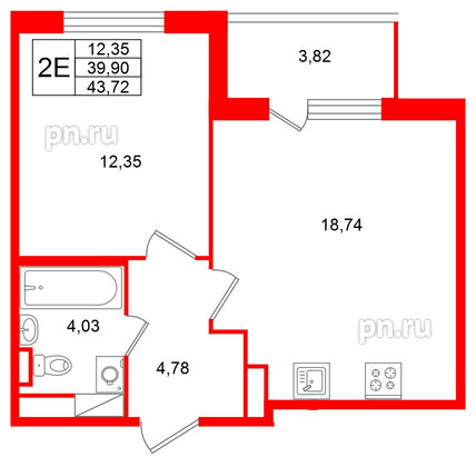Квартира в ЖК Югтаун, 1 комнатная, 43.72 м², 3 этаж