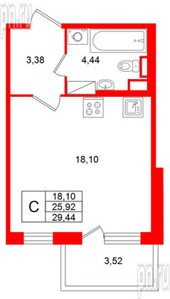 Квартира в ЖК Югтаун, студия, 29.44 м², 2 этаж
