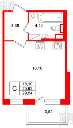 Квартира в ЖК Югтаун, студия, 29.44 м², 4 этаж