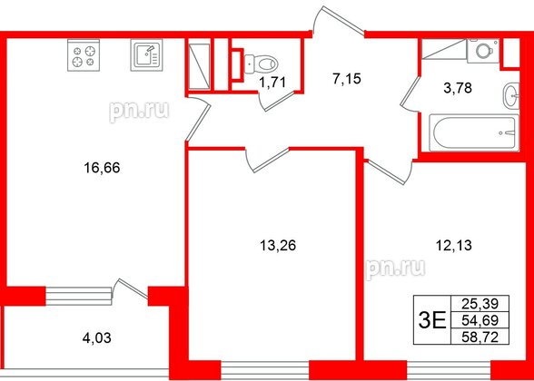 Квартира в ЖК «Югтаун», 2 комнатная, 58.72 м², 2 этаж