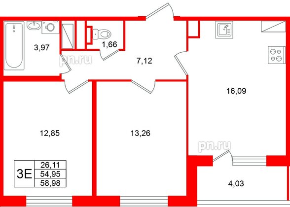 Квартира в ЖК «Югтаун», 2 комнатная, 58.98 м², 2 этаж