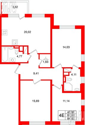 Квартира в ЖК «Югтаун», 3 комнатная, 84.82 м², 3 этаж