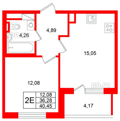 Квартира в ЖК «Югтаун», 1 комнатная, 40.45 м², 5 этаж