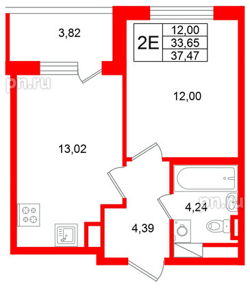 Квартира в ЖК Югтаун, 1 комнатная, 37.47 м², 3 этаж