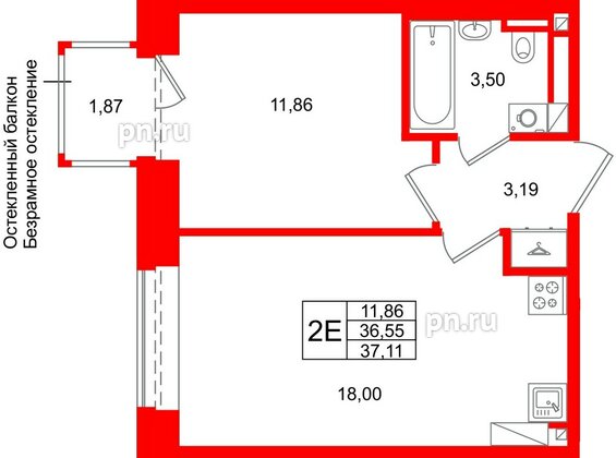 Квартира в ЖК «Аристократ», 1 комнатная, 36.55 м², 4 этаж