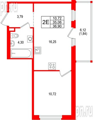Квартира в ЖК «Имена», 1 комнатная, 36.9 м², 17 этаж