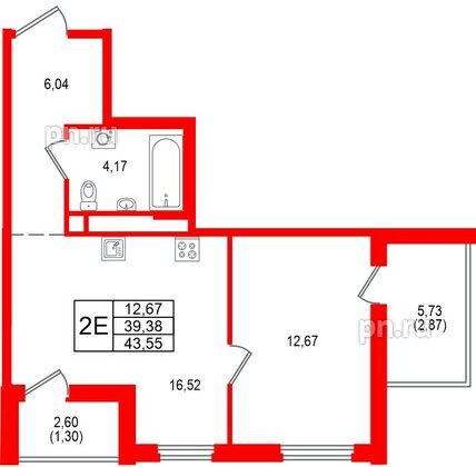 Квартира в ЖК «Имена», 1 комнатная, 43.55 м², 19 этаж