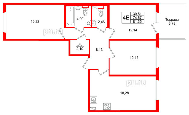 Квартира в ЖК Любоград, 3 комнатная, 81.35 м², 1 этаж
