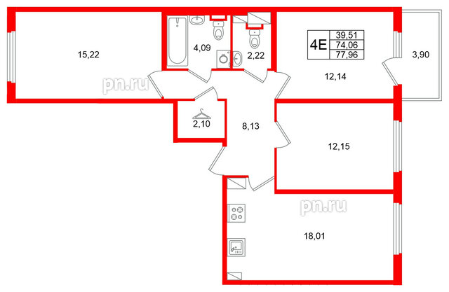 Квартира в ЖК Любоград, 3 комнатная, 77.96 м², 2 этаж