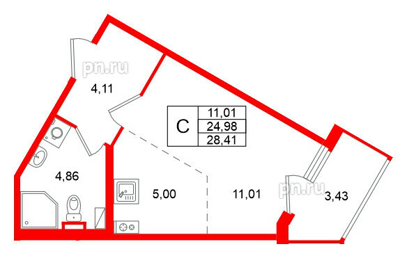 Квартира в ЖК «Любоград», студия, 28.41 м², 1 этаж