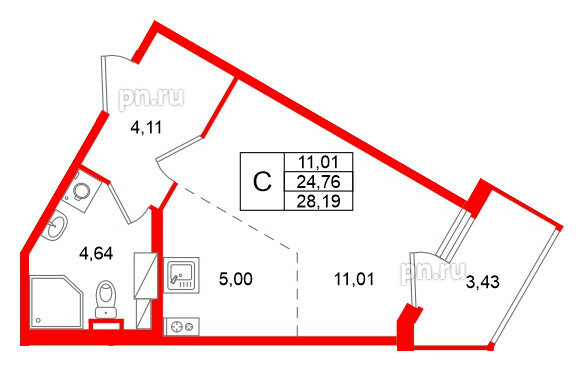 Квартира в ЖК «Любоград», студия, 28.19 м², 3 этаж