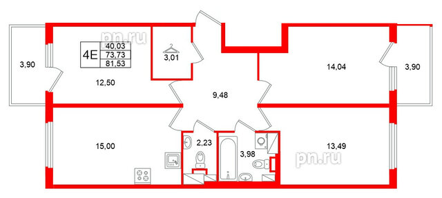 Квартира в ЖК Любоград, 3 комнатная, 81.53 м², 4 этаж
