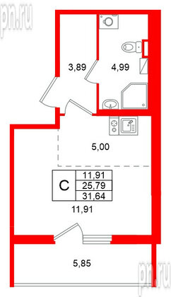 Квартира в ЖК «Любоград», студия, 31.64 м², 1 этаж