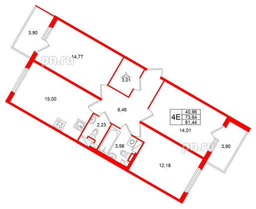Квартира в ЖК Любоград, 3 комнатная, 81.44 м², 3 этаж