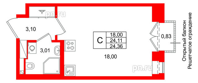Квартира в ЖК «Аристократ», студия, 24.11 м², 7 этаж