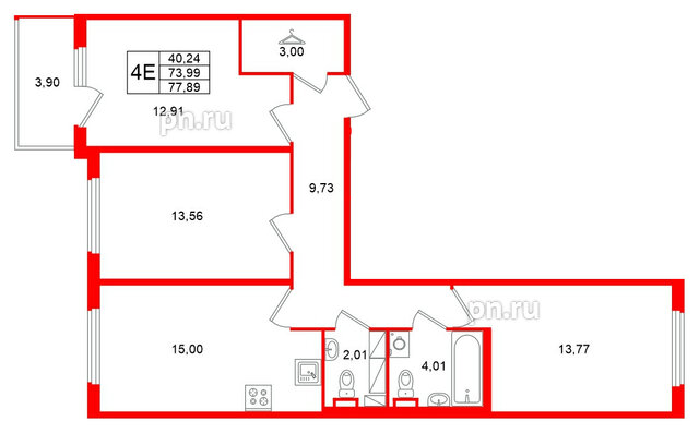 Квартира в ЖК Любоград, 3 комнатная, 77.89 м², 2 этаж